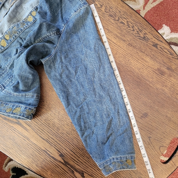 Blue Identity Gold Floral Metallic Open Front Blue Denim Jacket Size Women's 1X - Picture 9 of 11